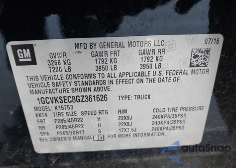 2016 Chevrolet Silverado 1500 2Lz z USA, uszkodzony, nr VIN 1GCVKSEC8GZ361626